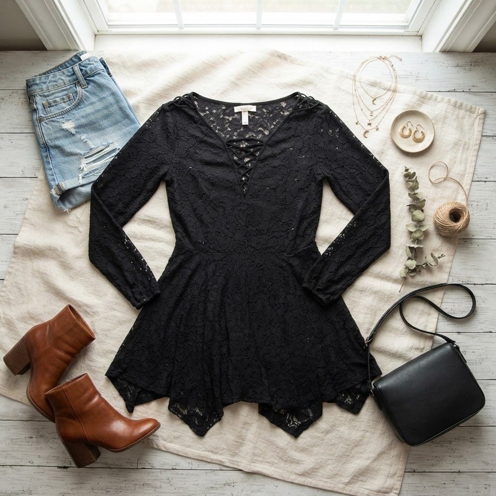 Free People Intimately Black Lace Dress Tunic Long Sleeve V-Neck Lace-Up M